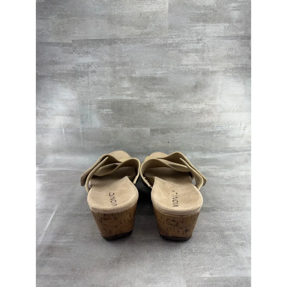Vionic Leticia Cream Beige Pebbled Leather Cork Wedge Sandals Women Sz 9.5